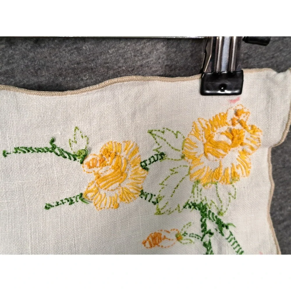 Vintage Hand Embroidered Linen Napkin Yellow Floral Scalloped Edge 12.5x9.5